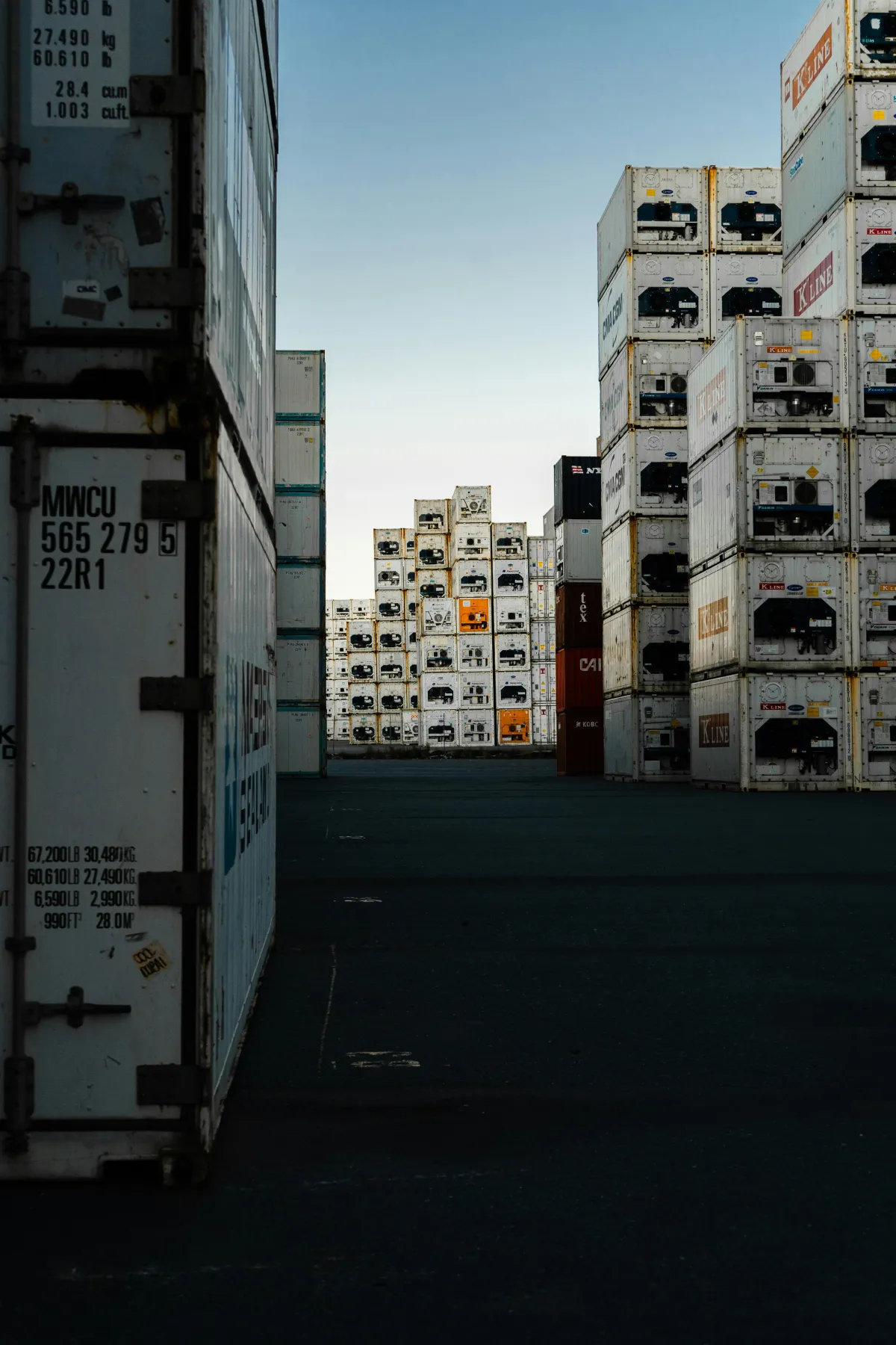 Refrigerated shipping containers at a freight terminal